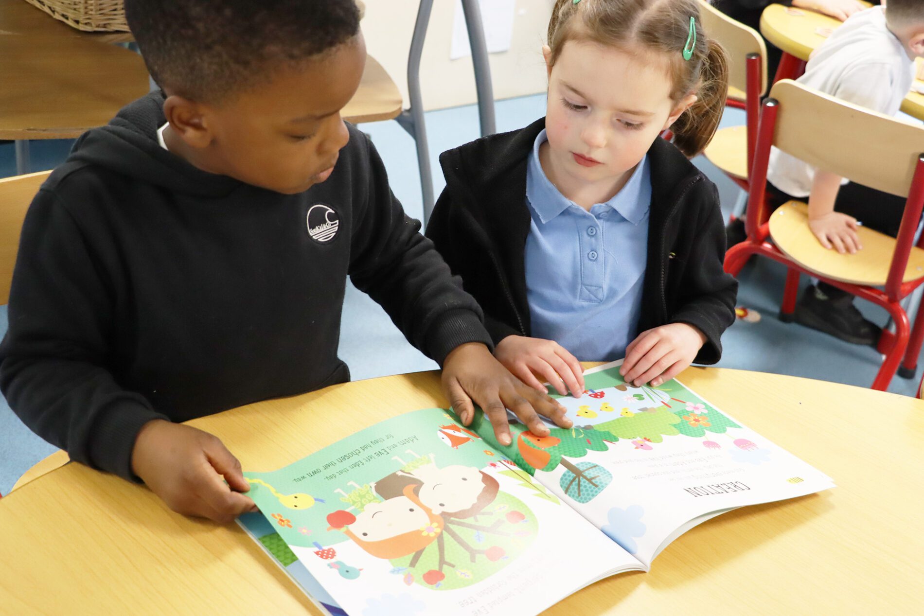 IMG_1359 pupils helping each other to read in eyfs